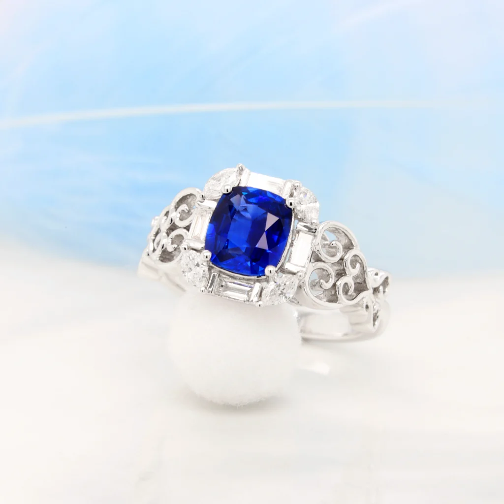 Vivid Blue Sapphire Halo Baguette Marquise Diamond with Art dec Design Band in Singapore