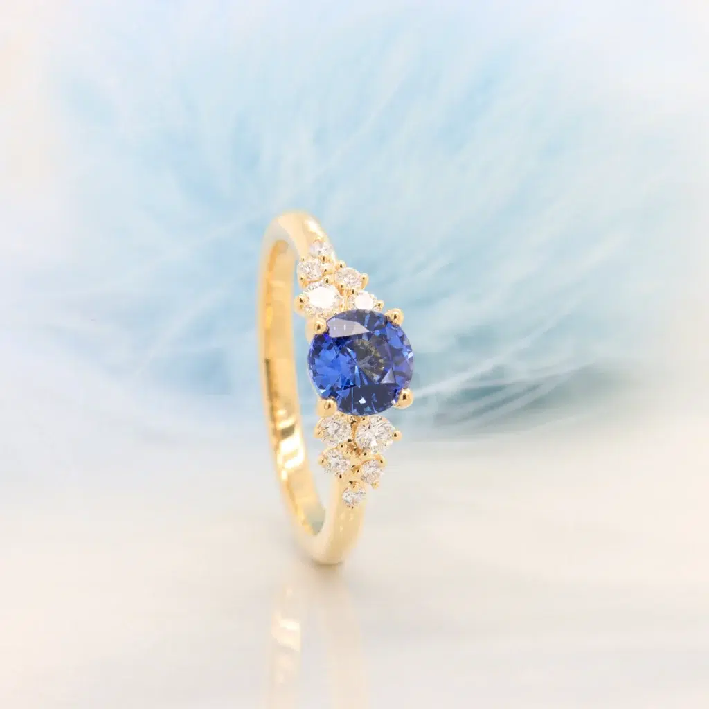 Blue Sapphire Round Cluster Diamond unique Proposal Ring in Yellow Gold 