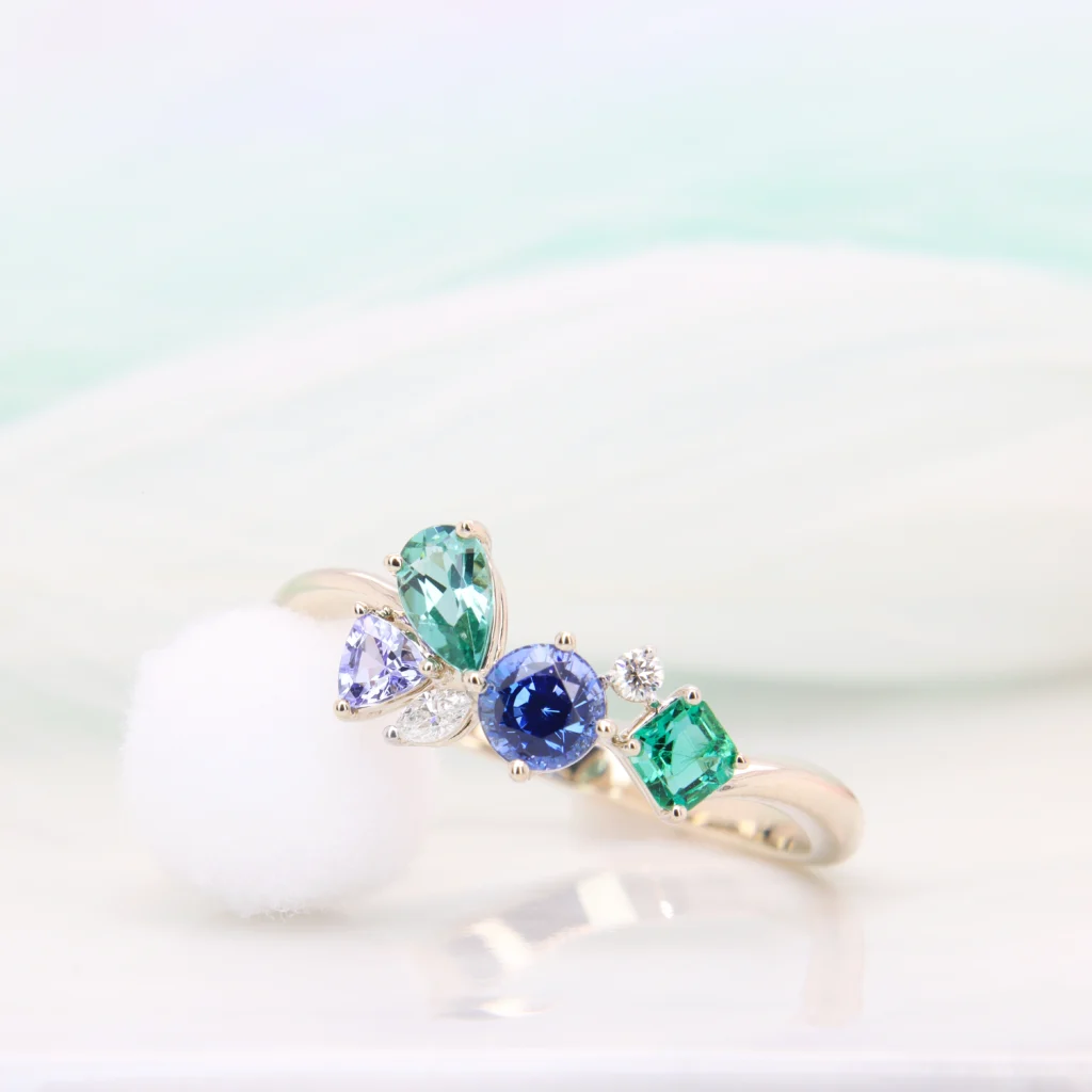 Family Birthstone Jewellery Sapphire Tourmaline Tanzanite & Emerald Diamond Ring 