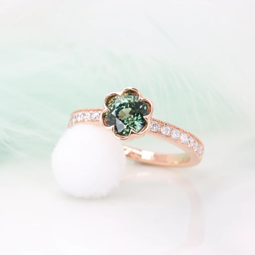 Teal Sapphire Gemstone Flora Ring unique engagement ring with for proposal
