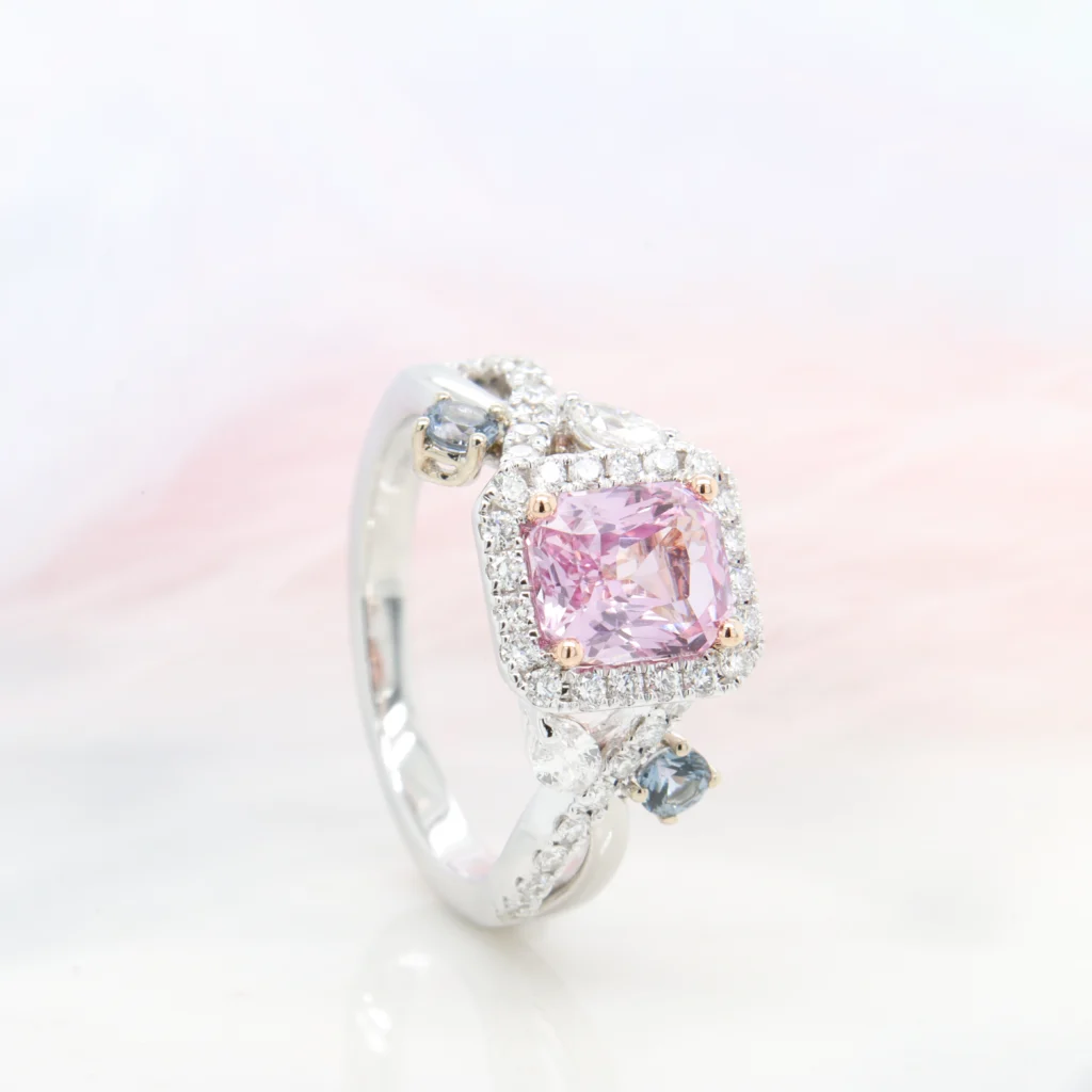 Pink Sapphire Engagement Ring with halo diamond & round Spinel Unique design proposal ring in Singapore