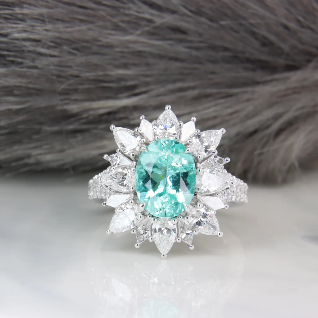 Paraiba Tourmaline Fancy Halo Diamond Fine Jewelry Ring Paraiba Jewellery in Singapore