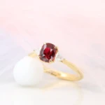 Vivid Pigeon Blood Ruby Diamond Yellow Gold Ring Vivid Pigeon Blood Ruby with side Tillion Diamond Yellow Gold Ring by GIOIA Fine Jewellery